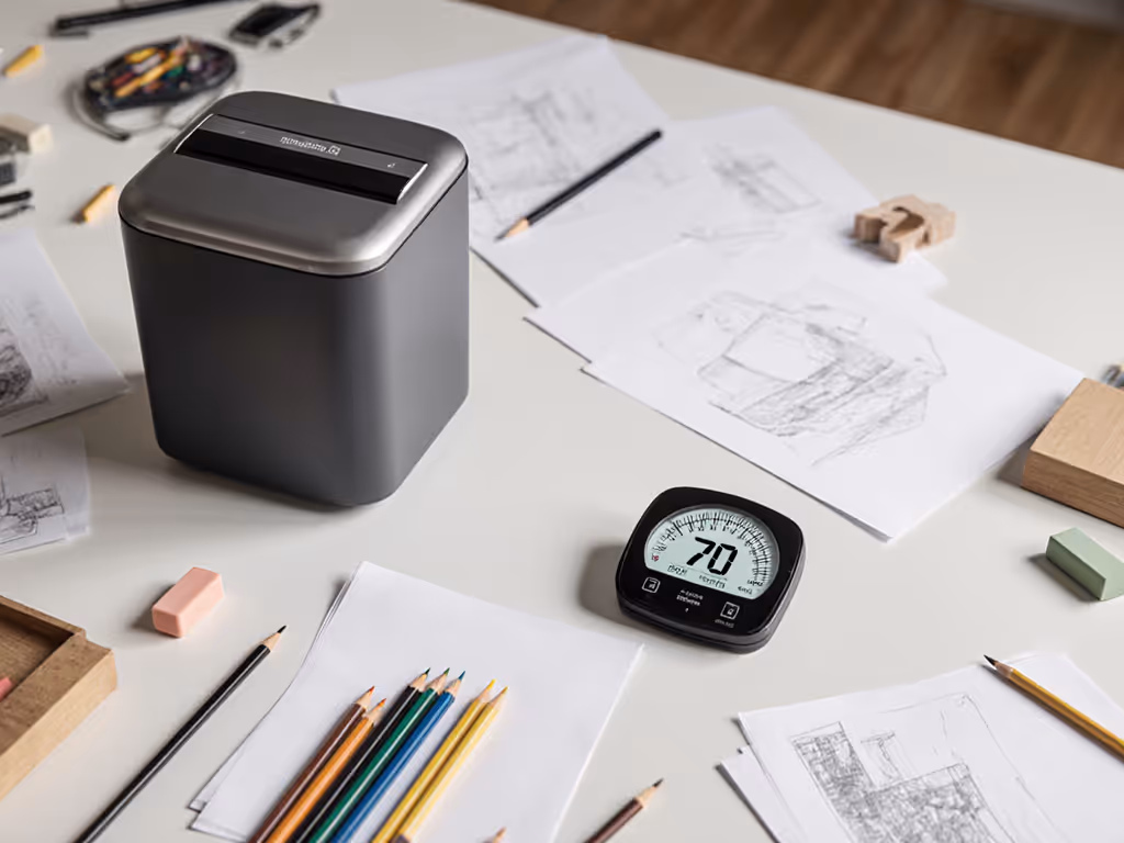 art_studio_desk_with_paper_shredder_and_noise_meter_showing_70_db